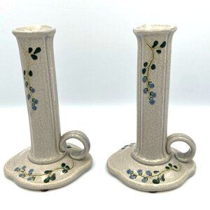 Vtg Mountain Meadows Pottery Candle Holders 2 MPM Imprinted Embossed Flowers